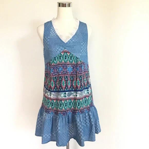 Blue Printed Sleeveless Drop Hem Mini Dress - Picture 1 of 8